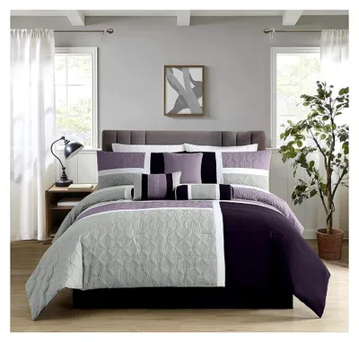 Produktbild von 7-teiliges Steppdecken-Set von Upland im Patchwork-Design in Lavendel/Grau/Lila für ein Queen-Size-Bett