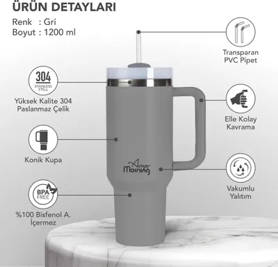 Zdjęcie produktu dla Any Morning SI2440217 Kubek termiczny 1200 ml szary, dwuwarstwowa stal nierdzewna, 9 godzin gorący, 12 godzin zimny, 40,58 uncji
