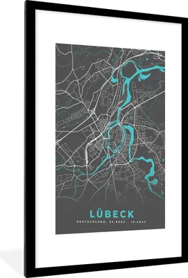 Produktbild von MuchoWow® Gerahmtes Poster Blau - Deutschland - Karte - Stadtplan - Lübeck 60x90 cm - Poster mit Schwarzem Bilderrahmen Wandposter Rahmen Foto Bilder - Dekoration - Wandposter Wohnzimmer - Hochwertig