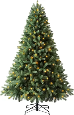 Produktbild von Dehner Künstlicher Weihnachtsbaum Fichte Stellan, mit LED Beleuchtung warmweiß, Höhe ca. 210 cm, Kunststoff, grün