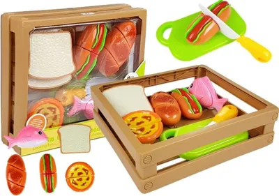 Produktbild von Leantoys Hot-Dog-Set zum Schneiden von Zutaten in einem Korb