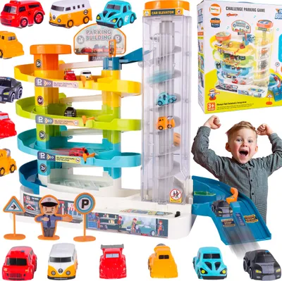 Immagine prodotto di Parcheggio MalPlay con ascensore e 6 auto per un bambino dai 3 anni in su, parcheggio a 3 piani, luci e suoni, set di adesivi e accessori