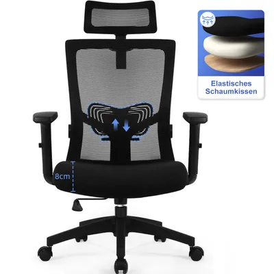 Produktbild von Marodic Bürostuhl Ergonomisch Drehstuhl Wippfunktion Schreibtischstuhl mit Verstellbarer Kopfstütze, Armlehnen, Lendenwirbelstütze Bürostuhl 150kg