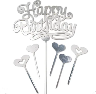 Produktbild von Cake Topper Happy Birthday Tortenstecker zum Geburtstag silber mit 5 Herzen für Torten Kuchen