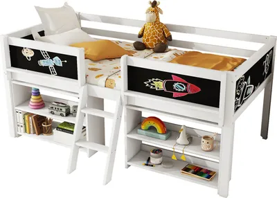 Produktbild von Halbhohes Bett,Kinderbett(Weiss,90*200cm)Mehrere Einlegeböden zur Aufbewahrung, Geländer,Leiter,Kiefernholz,Ohne Matratze,Minimalistischer Stil