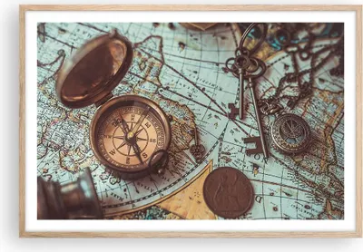 Produktbild von Gerahmtes Poster - Rahmen in heller Eiche - Kompass Vintage Karte - 91,5x61 cm - Wand Bild - Wanddeko - Wandbilder - Wandposter - Bilderrahmen - Bilder - Kunstdruck - Wandbild - P2NAA91x61-4302