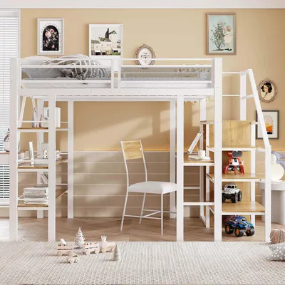Produktbild von Metall Hochbett 140x200 cm Weiß mit Schreibtisch, Kleiderschrank und dreistufigem Regal für Schlafzimmer