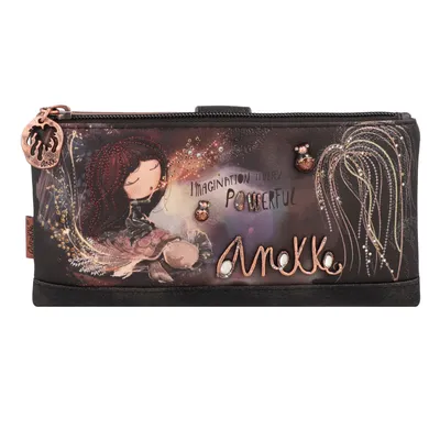 A close-up, front-facing view of a decorative wallet.