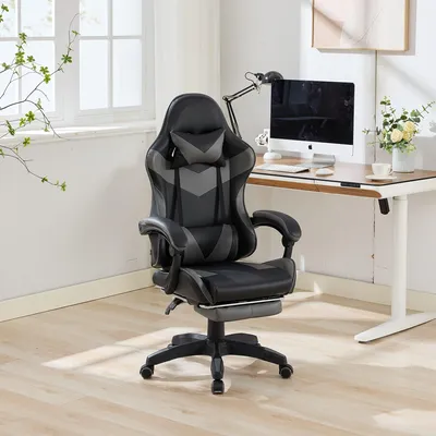 Image de Fauteuil de gaming ergonomique en similicuir, avec hauteur réglable et repose-pieds intégré