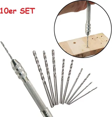 Produktbild von MINI HANDBOHRER SET mit 10 Spiralbohrern - Holz Modellbau Schmuck PCB Bastel NEU