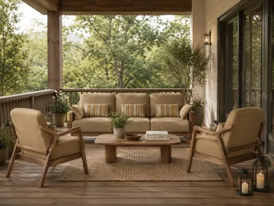 Immagine prodotto di Divano componibile moderno per soggiorno, con braccioli, rivestito in tessuto beige