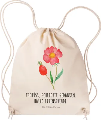 Produktbild von Mr. & Mrs. Panda Turnbeutel Blume Hagebutte - Transparent - Geschenk, Schlechte Gedanken, Sportbeutel, Beutel, Jutebeutel, Gymbag, wander rucksack, Lebensfreude, Garten