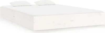 A white wooden bed frame with two white pillows on top, shown from a slightly elevated side angle against a white background.