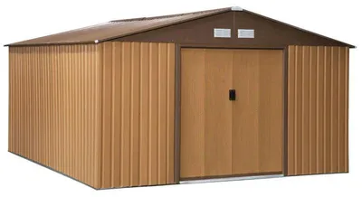 Image de Abri de jardin en métal - Abri de jardin avec porte coulissante | Couleur : marron | Dimensions : 386 x 340 x 200 cm
