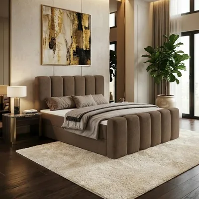 Produktbild von Boxspringbett NOLA 180x200 cm mit Bettkasten inkl. Bonell-Federkernmatratze H3 und Topper – Bouclé-Stoff LAMBI Braun