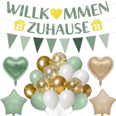 Image de Bienvenue à la maison : ensemble de décoration vert sauge et or, guirlande, ballons, pour accueillir un bébé