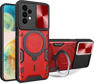 Produktbild von Handyhülle für Samsung Galaxy A13 4G Dual-Layer Stoßfest Rüstung Hülle mit Dia Kameraschutz und Kreisförmig Ring Ständer Rot