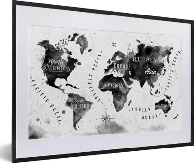 Produktbild von MuchoWow® MuchoWow® Gerahmtes Poster Weltkarte - Aquarell - Schwarz - Weiß 60x40 cm - Poster mit zchwarzem Bilderrahmen - Schlafzimmer - Plakat in Rahmen - Drucken
