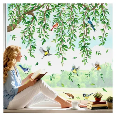Produktbild von Fensteraufkleber Frühling Baum Ast mit Vögeln und Blättern