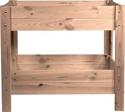 A wooden raised garden bed with two tiers, shown from the front against a white background.