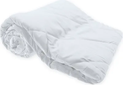 A white comforter is rolled up and placed on a white background.