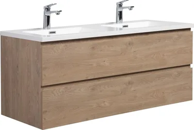 Produktbild von Badplaats Badmöbel Set mit Waschbecken und Unterschrank Angela 120 x 48 cm Kastanien Eiche - Waschbeckenunterschrank mit Soft-Close und Doppelwaschbecken, Vorgemontiert