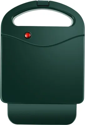 A top-down view of a closed green sandwich maker with a red indicator light.