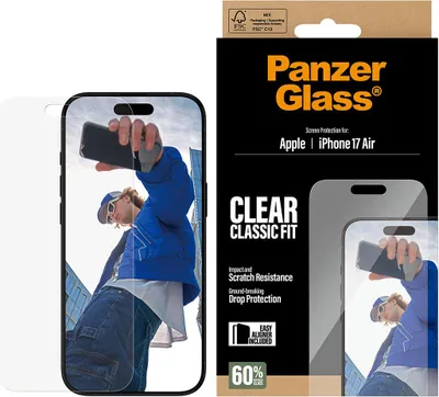Zdjęcie produktu dla PanzerGlass ® Screen Protector iPhone Air | Classic Fit w. EasyAligner, Apple, Apple - iPhone Air, Aplikacja na sucho, Odporny na zadrapania, Odporny na wstrząsy, Przezroczysty, 1 szt.