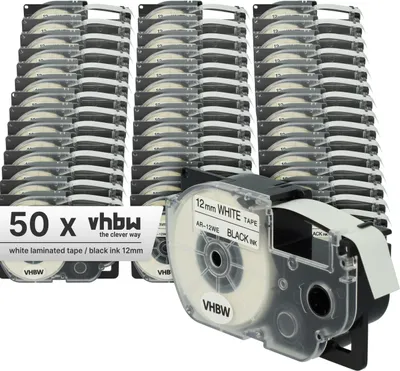 Produktbild von vhbw 50x Schriftband-Kassette kompatibel mit Casio KL-200, KL-130, KL-100E, KL-120, KL-1500, CW-L300 Etiketten-Drucker 8m x 12mm Schwarz auf Weiß