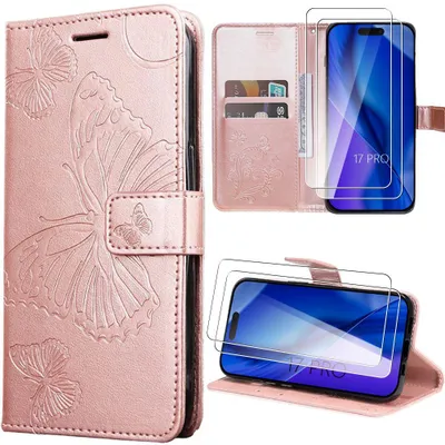Image de Coque + 2 Verres Trempés pour iPhone 17 Pro, Protection Rabat Antichoc Synthécuir Motif Papillon Rose