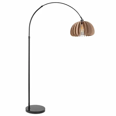 Productafbeelding van CALOTTA Booglamp, E27, zwarte metalen lamp met een houten kap van 30 cm diameter en een zwarte marmeren voet, hoogte 186 cm, AI-gegenereerde afbeelding