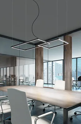 Produktbild von Moderne 64-W-LED-Pendelleuchte aus mattschwarzem Aluminium, geometrisches Design mit integriertem Farbtemperaturwähler (3000 K–6000 K) – Perenz