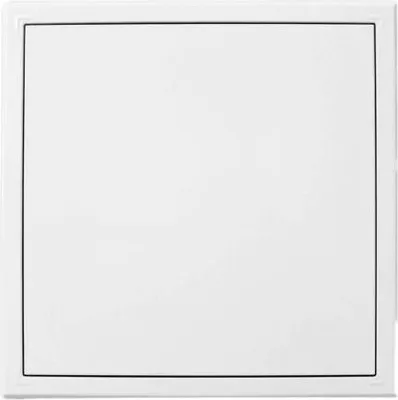 A plain white metal access door with a thin black border.