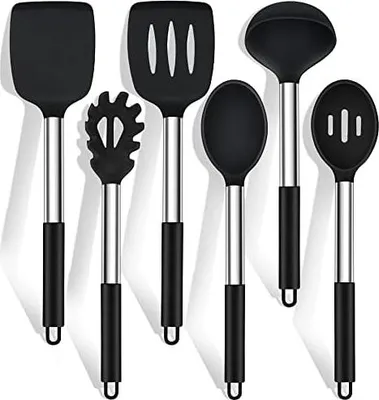 Produktbild von Küchenhelfer Set, HaWare 6 Stück Silikon Küchenutensilien Kochlöffel Set mit Edelstahlgriff, Antihaft Hitzebeständiger Kochutensilien Kochbesteck Set, Leicht zu Reinigen & Spülmaschinenfest - Schwarz