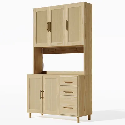 Produktbild von Flieks Hochschrank, Anrichten mit Türen aus Rattan, Barschrank mit Steckdosen, Sideboard im rustikalen Stil, 183cm hoch, Holzfarbe