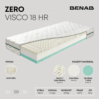 Obrázek produktu pro Matrace z viskózní pěny Benab Zero Visco 18 HR Matrace 80 x 200 cm H3 / H4 tvrdost 18 cm výška Matrace z viskózní pěny, Aloe Vera, Visco, PUR, HR, 7 zón, Nopy