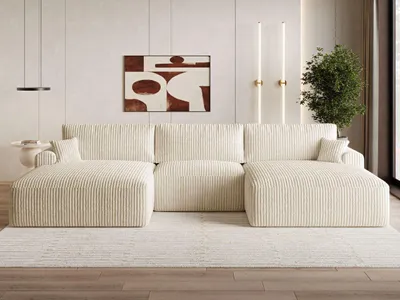 Produktbild von GrainGold Ecksofa U-Form Serene - Ecksofa mit Schlaffunktion, Bettkasten- Moderne Ecksofa, Wohnzimmer Sofa- Eckcouch mit Cord -Stoff - Beige (Tilia 3)