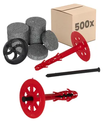 Produktbild von PROTEKTOR Dämmstoffdübel Set Ø10x120mm mit Kunststoffnagel (500 Stück + 600 Rondelle + 1 Fräser) für WDVS und Fassadendämmung, ETA-e Schlagdübel Fassadendübel Tellerdübel
