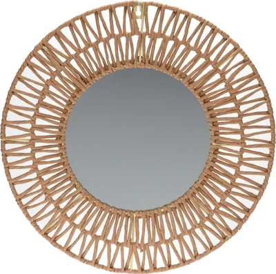 A round mirror with a woven paper frame is shown against a white background.