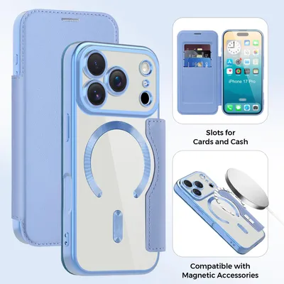 Produktbild von Klapphülle für iPhone 17 Pro Kompatibel mit Magsafe, Klar Überzug Kartenhalter Ledertasche mit Kameraschutz Hellblau