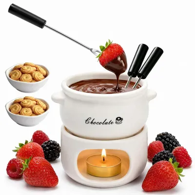 Immagine prodotto di Set per fonduta di cioccolato in Vetroceramica, con 3 forchette e 2 piatti