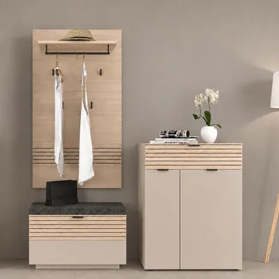 Produktbild von Garderoben Set in Beige mit Eiche, Paneel & Bank & Schuhschrank, 3-teilig - ISCHIA-36