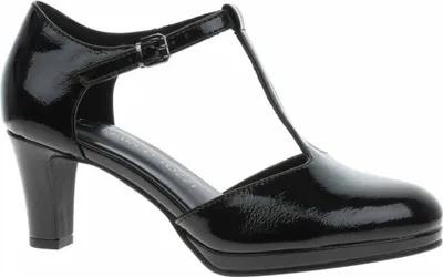 A studio shot of a single black patent leather pump shoe.