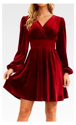 Produktbild von Elegantes Samtkleid für Damen, langärmlig mit V-Ausschnitt, A-Linie, hohe Taille, Midikleid für Freizeit, Weihnachtsfeiern, Partys, Cocktail- und Abendkleid