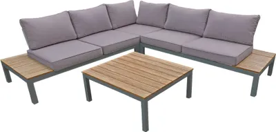 A sectional outdoor sofa and coffee table set on a white background.