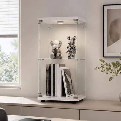 Productafbeelding van Glazen displaykast, staande displaykast met LED-verlichting, 2-laags verzamelvitrine met deuren en slot - geschikt voor verzamelingen, boeken, wijn, kantoor, woonkamer (wit, 86 x 40 x 36 cm)