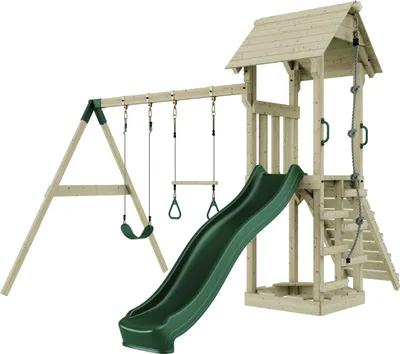 Produktbild von OutdoorToys Spielturm mit Wellenrutsche und Kinder-Schaukel, Outdoor Klettergerüst Garten, Ausführung: Trapezstange, Farbe: Smaragdgrün Trapezstange