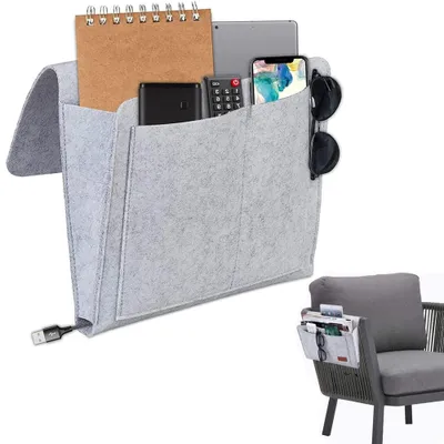 Produktbild von Filz Betttasche - Mit 5 Fächern - Organizer für Bett und Sofa zur Aufbewahrung von Büchern Handys Fernbedienungen und Brillen - Grau