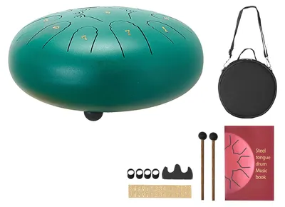 Obrázok produktu pre SucceBuy oceľový bubon Ø254 mm, 11 tónov v C dur, s notovým zošitom a paličkami, perkusný nástroj na meditáciu, jógu a pre hudobných začiatočníkov, oceľový bubon v zelenej farbe
