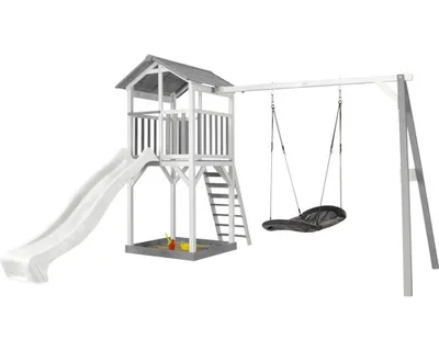 Obrázek produktu pro AXI Beach Tower with Roxy Nest Swing Grey/white - White Slide, Domeček na hraní na sloupcích, 3 rok/roky, Skluzavka, Šedá, Bílá
